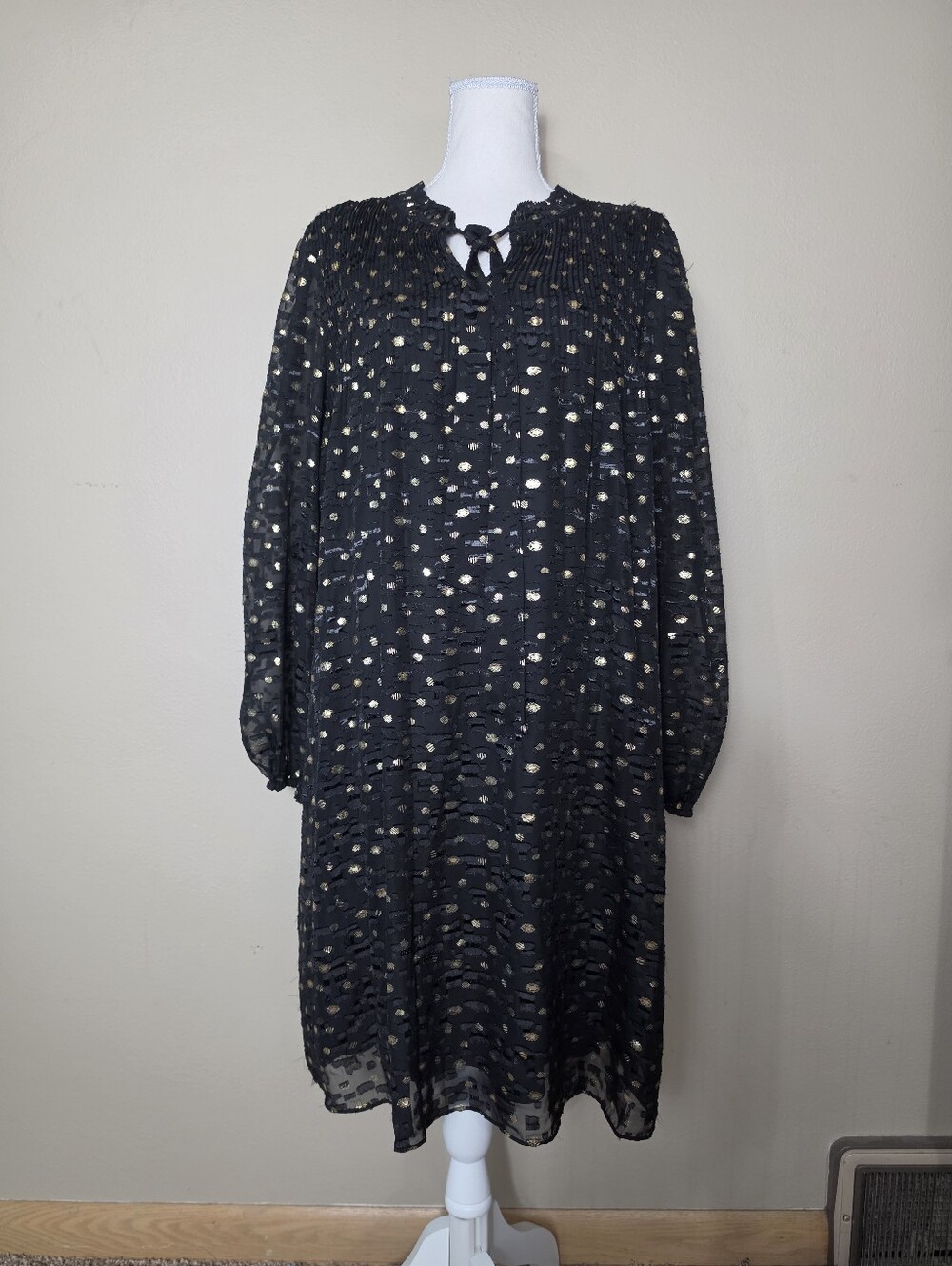 DKNY Black Gold Metallic Dot Shift Dress | Size 14 | Sheer Long Sleeve Dress